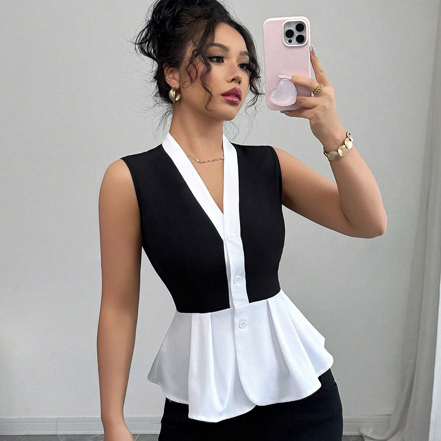 Women Fashion Sleeveless Stitching Shirt