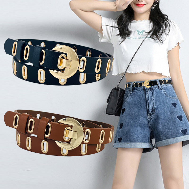 Ceinture décorative à œillets métalliques ajourés pour femme en cuir PU