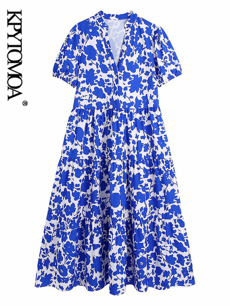 Women Fashion Bohemian Floral Print Vintage V Neck Short Sleeves Ruffled Midi Dress