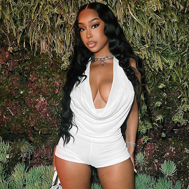 Women Fashion Halter Neck Backless Tank Top and Tight Shorts Two-Piece Set