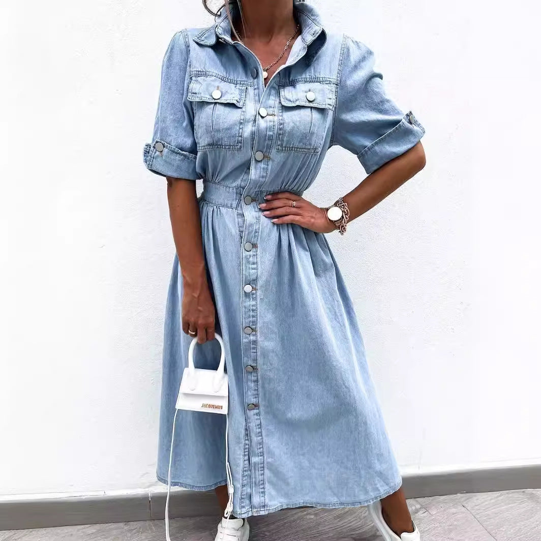 Vestido vaquero informal de manga corta con solapa para mujer