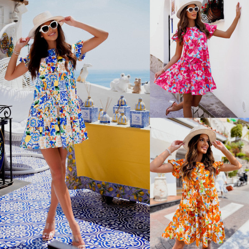 Vestido bohemio elegante de verano con volantes florales para mujer