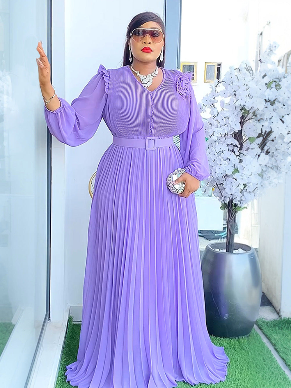 Vestido largo plisado elegante de talla grande para mujer africana