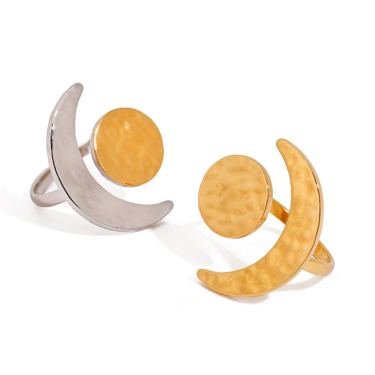 Bague ajustable créative en or 18 carats avec motif lune et soleil martelé pour femme