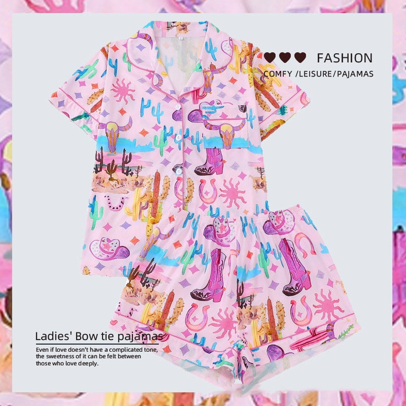 Women Multicolor Printed Lapel Loose Pajamas