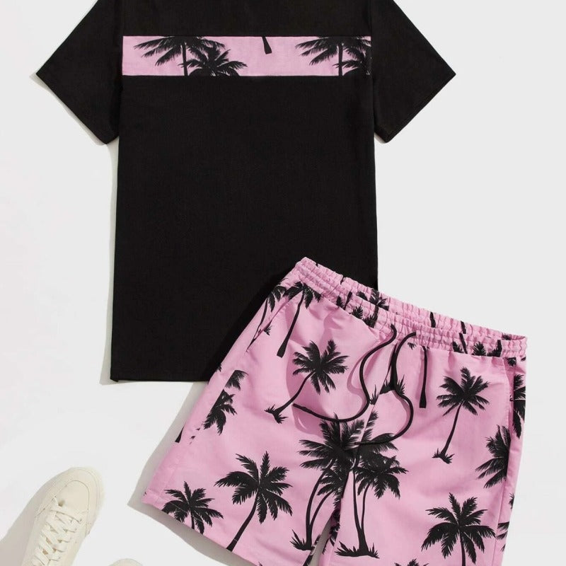 Hawaiian Casual Vacation Men Cotton Coconut Tree T-Shirt Set