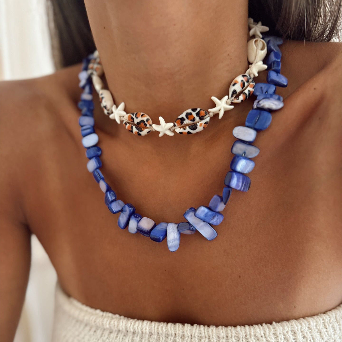 Ocean Wind Irregular Gravel Beaded Starfish Shell Sea Necklace