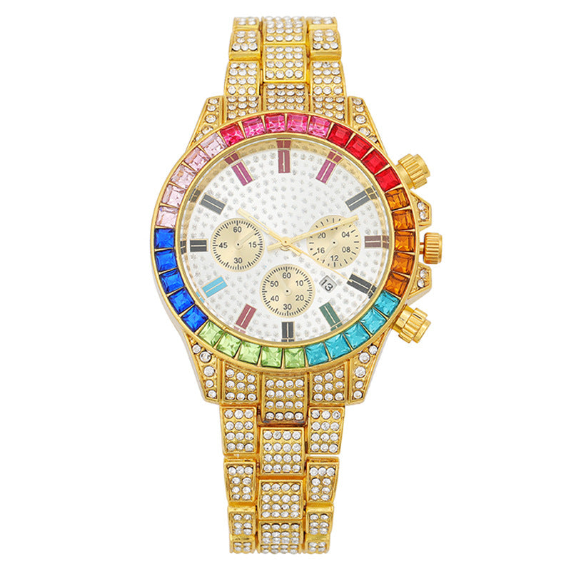 Women Fashion Colored Rhinestone Calendar Watch - Elegant Alloy Strap