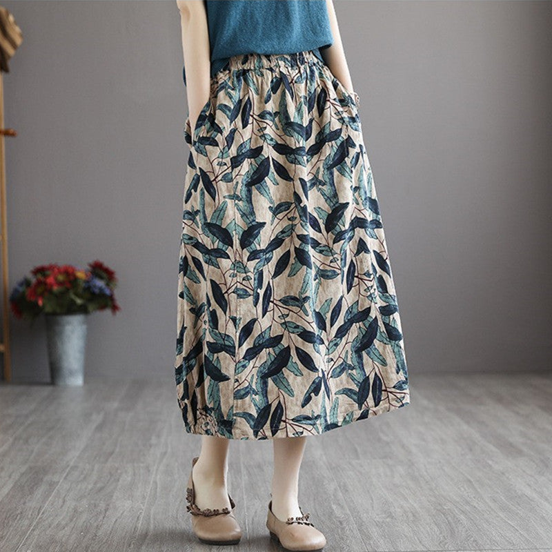 Falda holgada de algodón y lino con estampado floral para mujer