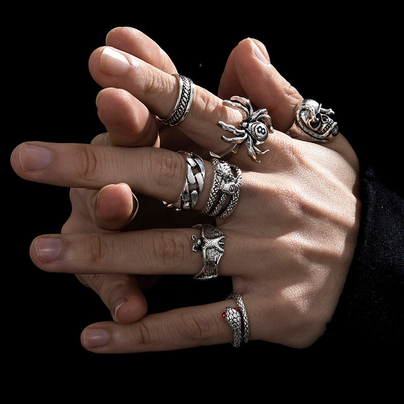 Men'S Fashion Retro Spider Snake Bat Skull Ring Set
