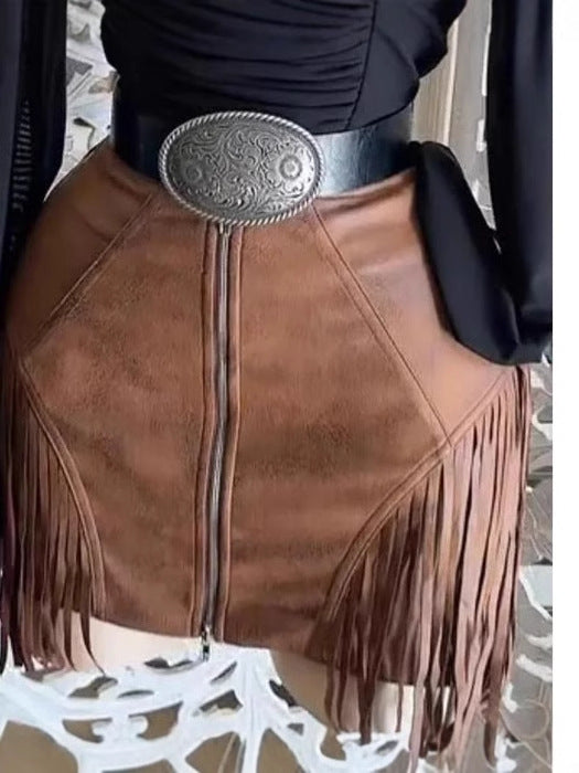 Short en daim style western pour femme, avec fermeture éclair et pompons, culotte élégante