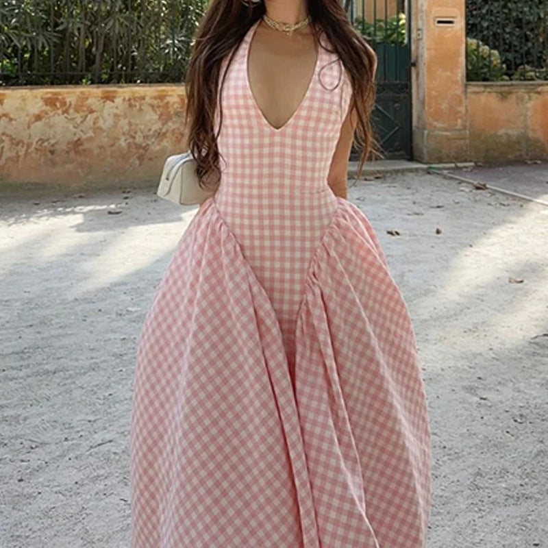 Robe élégante à col en V et imprimé quadrillé pour femme en polyester