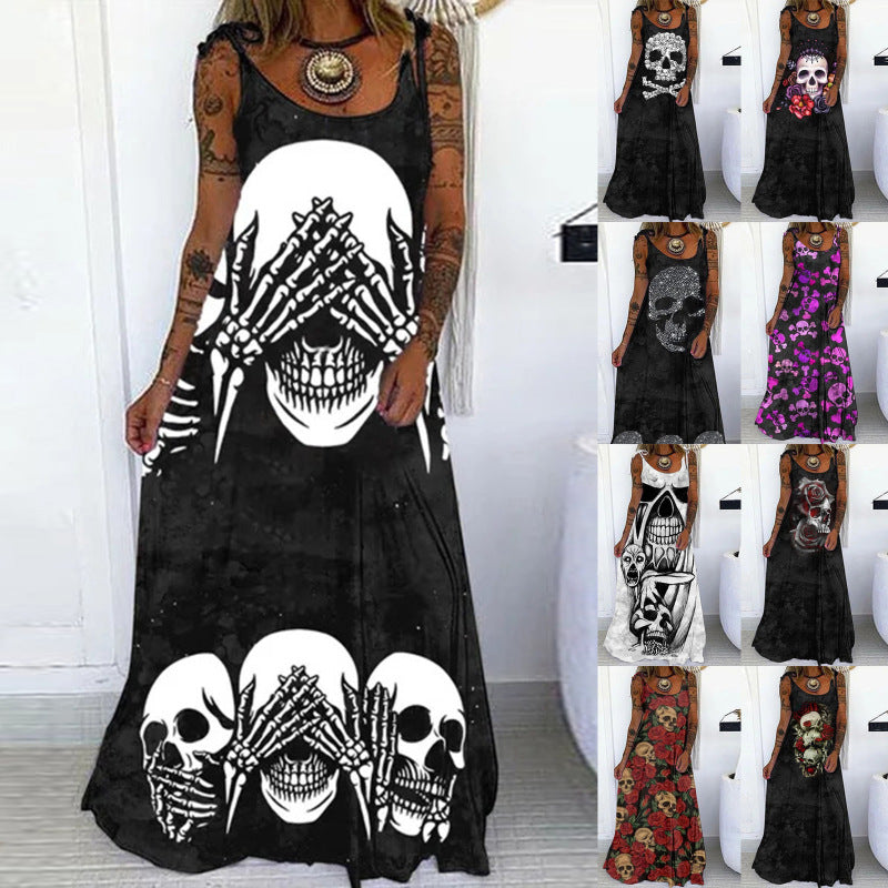 Vestido largo holgado con estampado de calavera de Halloween para mujer, estilo bohemio informal