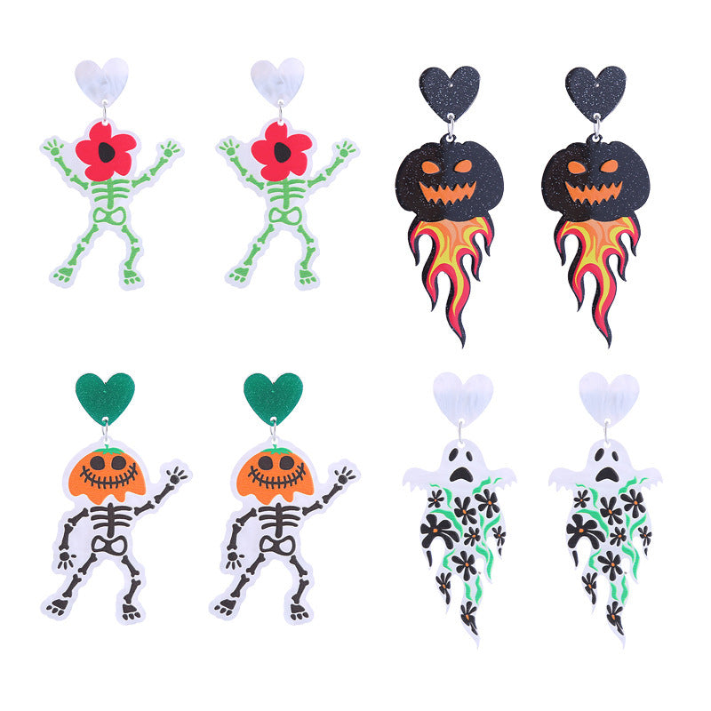 Halloween Women Funny Creative Acrylic Pumpkin Skeleton Ghost Earrings
