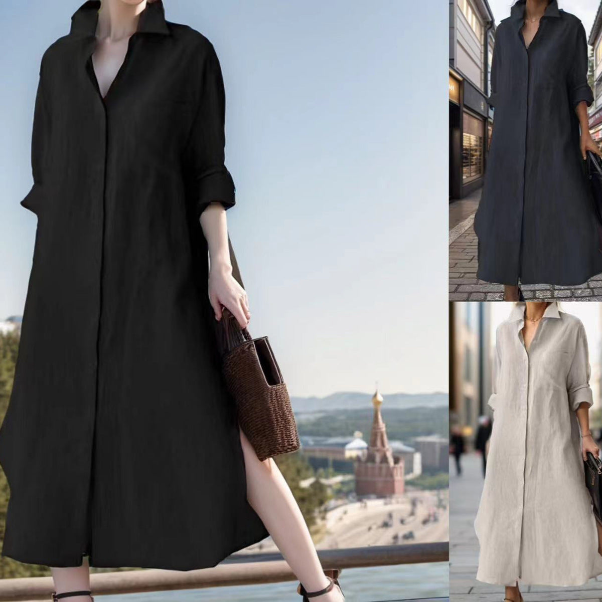 Vestido informal de lino y algodón con abertura irregular y suelto para mujer