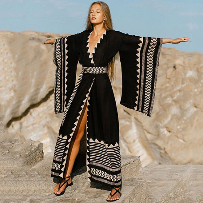Traje de baño de playa geométrico con escote en V holgado para mujer