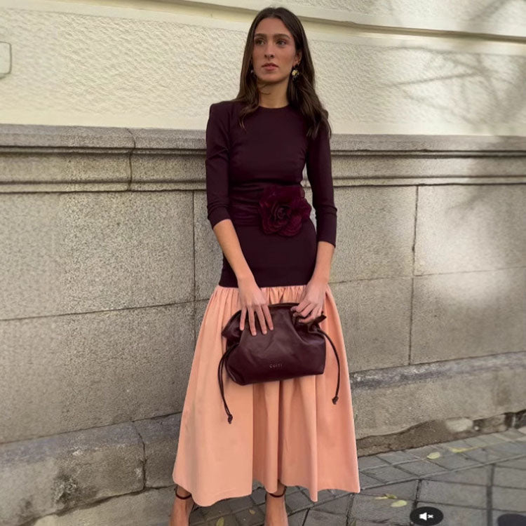 Vestido largo elegante de patchwork de manga larga a la moda para mujer