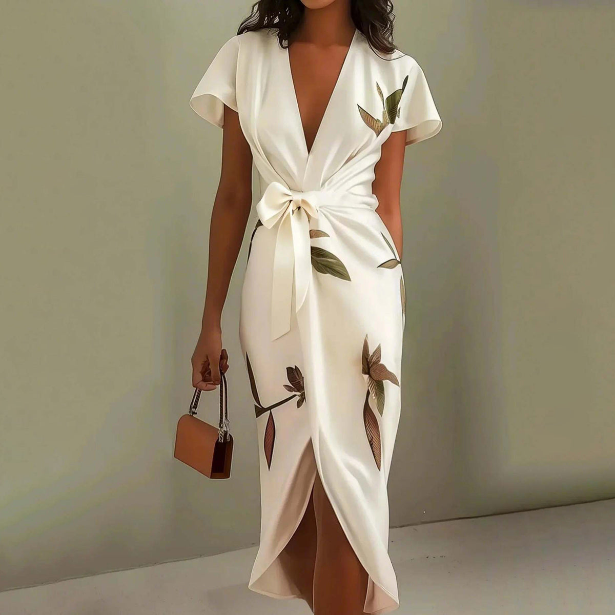 Robe décontractée en satin imprimé à manches courtes et col en V pour femme