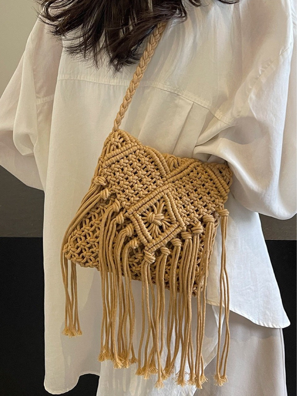 Bolso tejido con borlas estilo bohemio informal para mujer