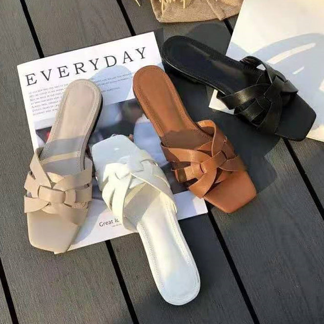 Women Casual Solid Color Square-Toe Flat Slippers