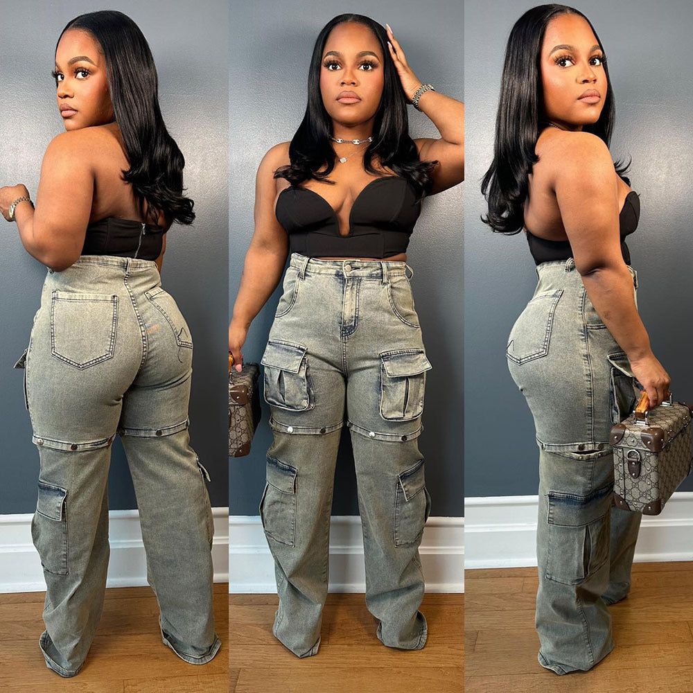Street Women'S Fashion Multi-Pocket Jeans in Light Blue