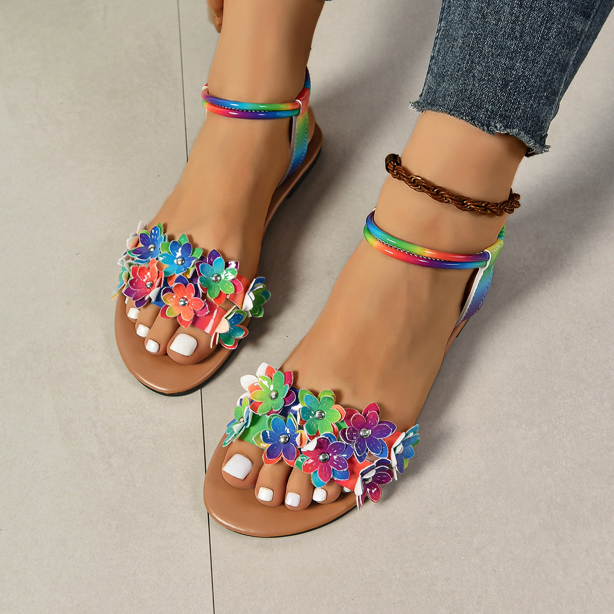 Plus Size Fashion Floral Flat Sandals
