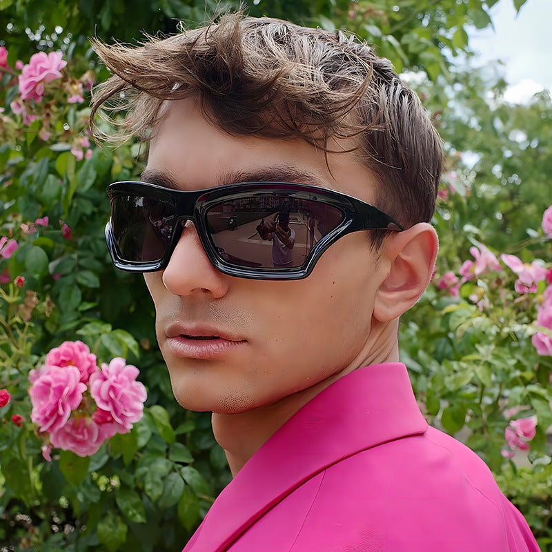 Gafas de sol creativas de moda con montura irregular, lentes acrílicas y montura de PC.