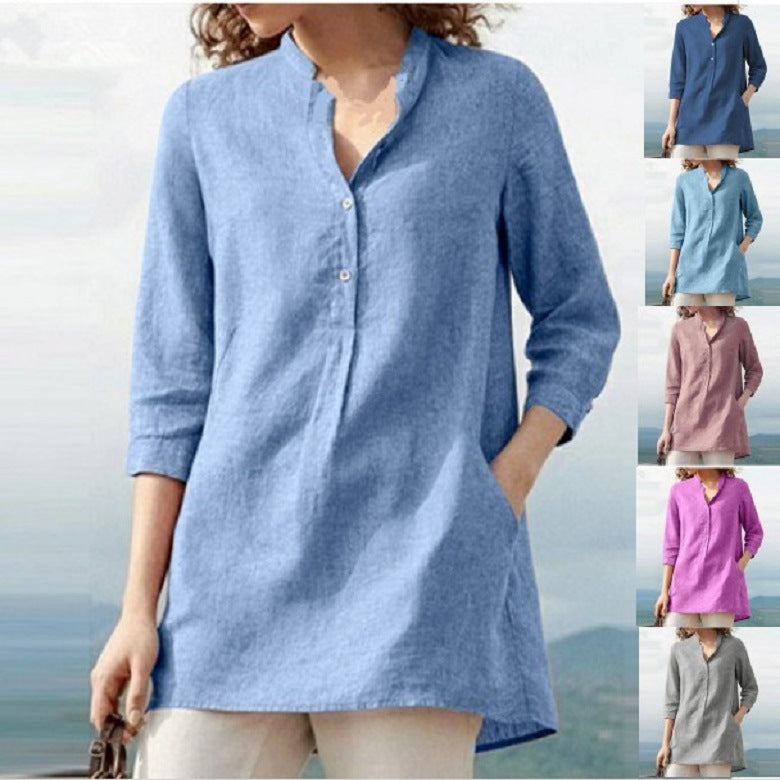 Camisa informal de lino y algodón con cuello de color liso para mujer