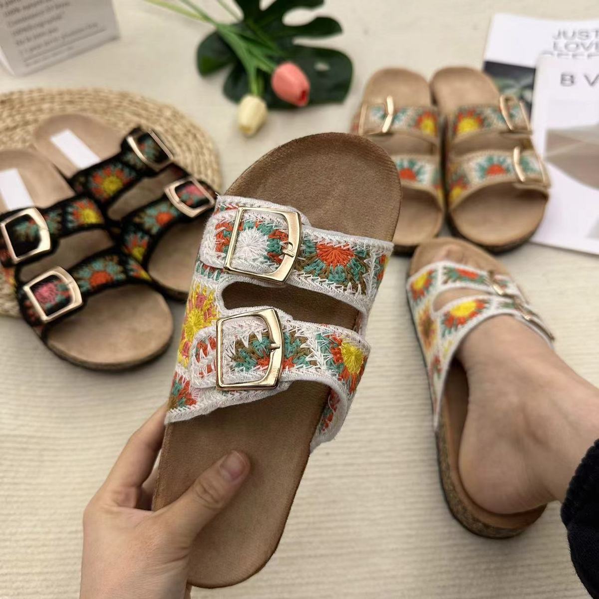 Chaussons tissés à double boucle pour femmes, style décontracté, idéal pour les vacances