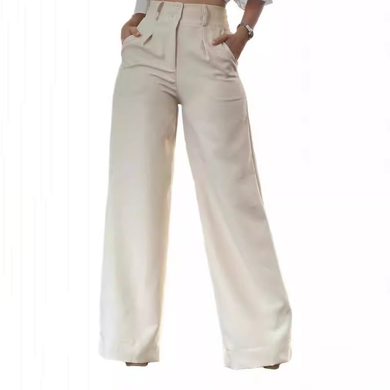 Women Fashion Casual Solid Color High Waist Wide Leg Pants