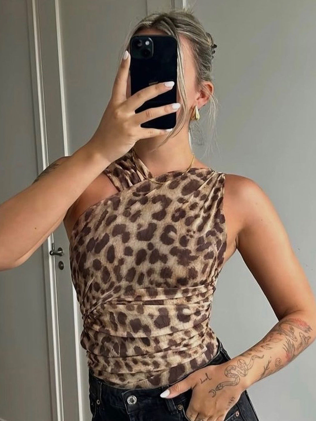 Body asimétrico de malla de leopardo sexy a la moda para mujer