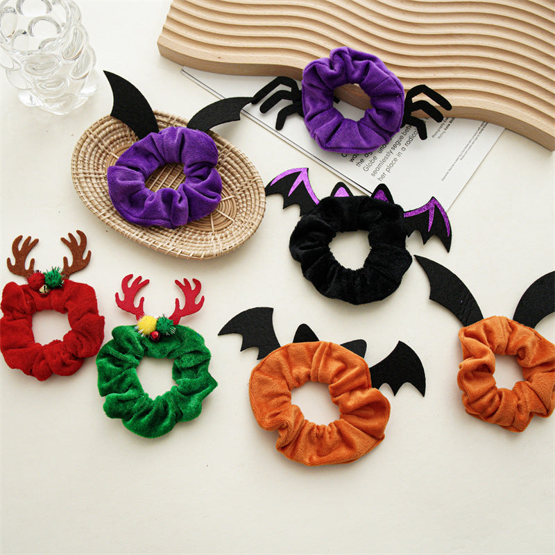 Cravate à cheveux en flanelle pour femme, motif chauve-souris, élan, araignée, mode Halloween