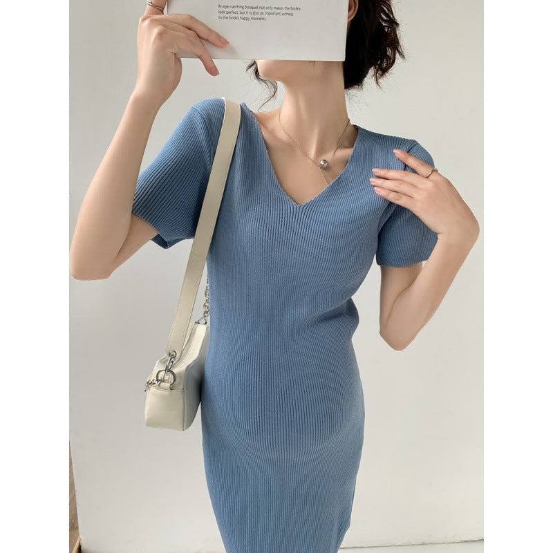 Maternity Summer Knitted Dress with V-Neck Design