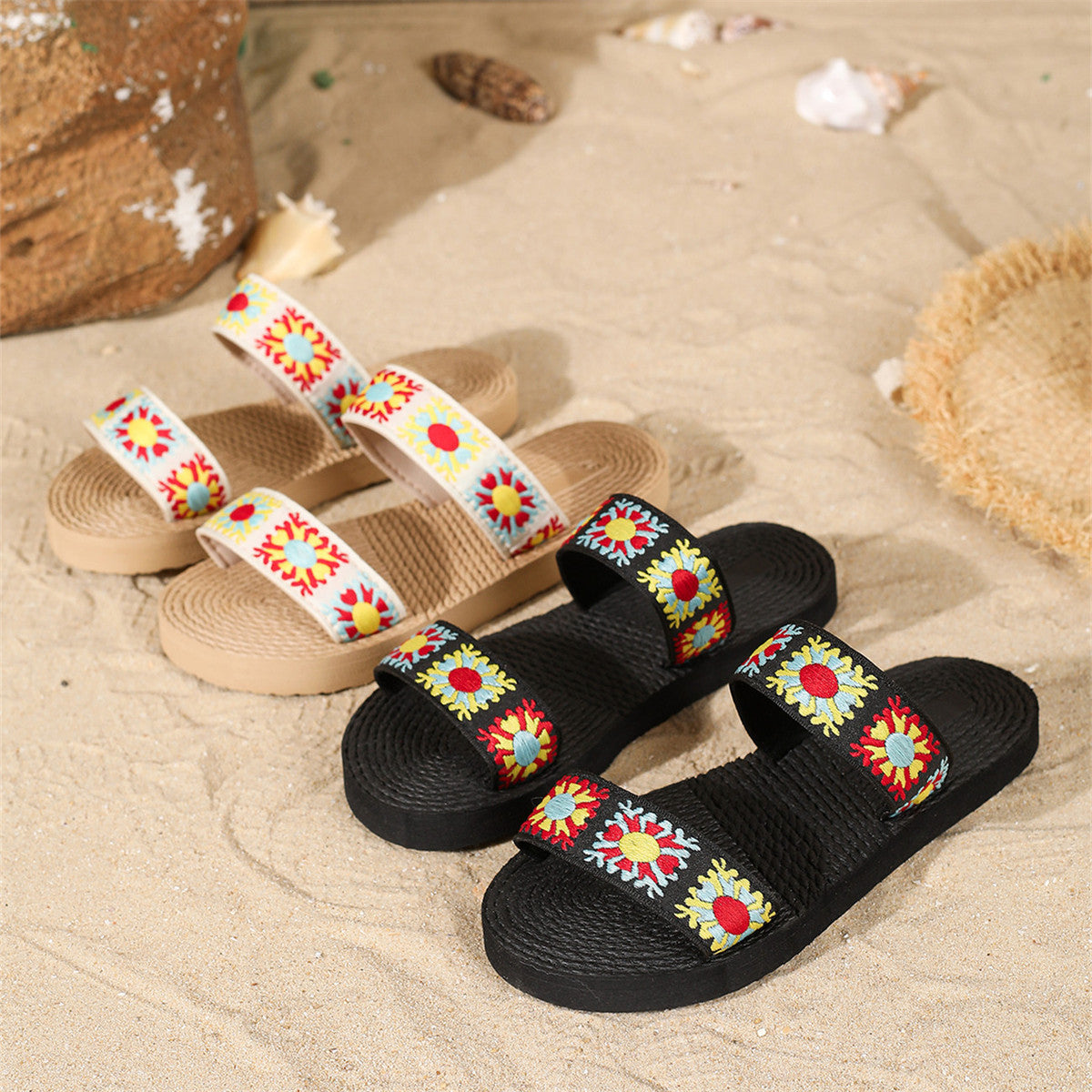 Chaussons plats d'été pour femmes, style bohème, ethnique, vintage, à fleurs