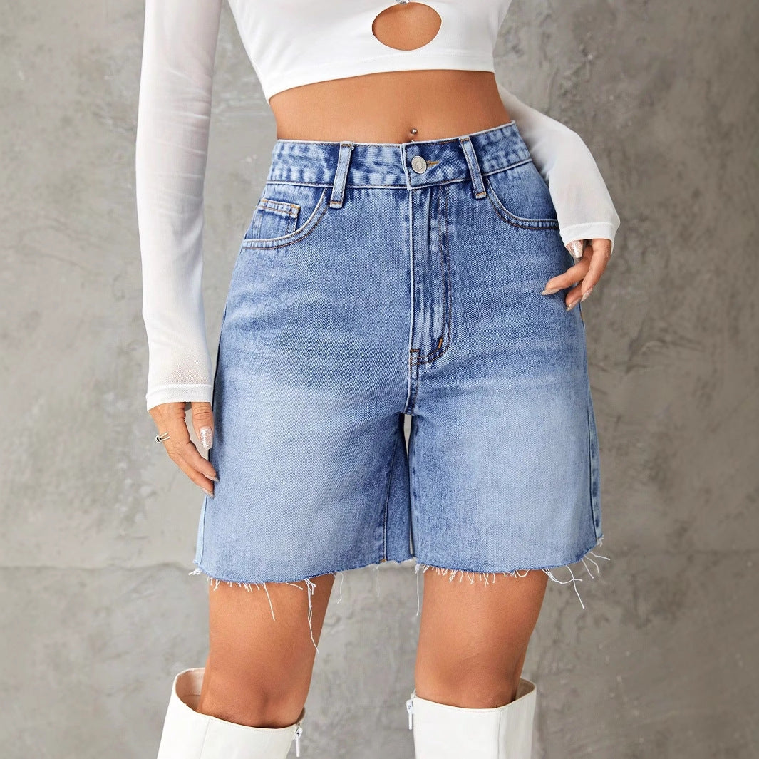 Pantalones cortos vaqueros de cintura alta informales de moda para mujer con algodón y poliéster