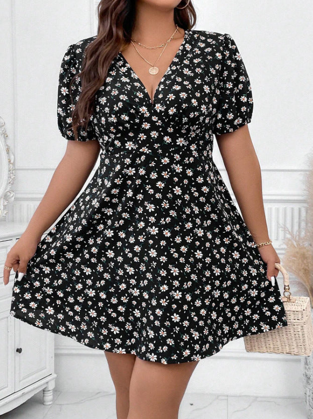 Vestido holgado informal con mangas abullonadas y cuello en V floral para mujer