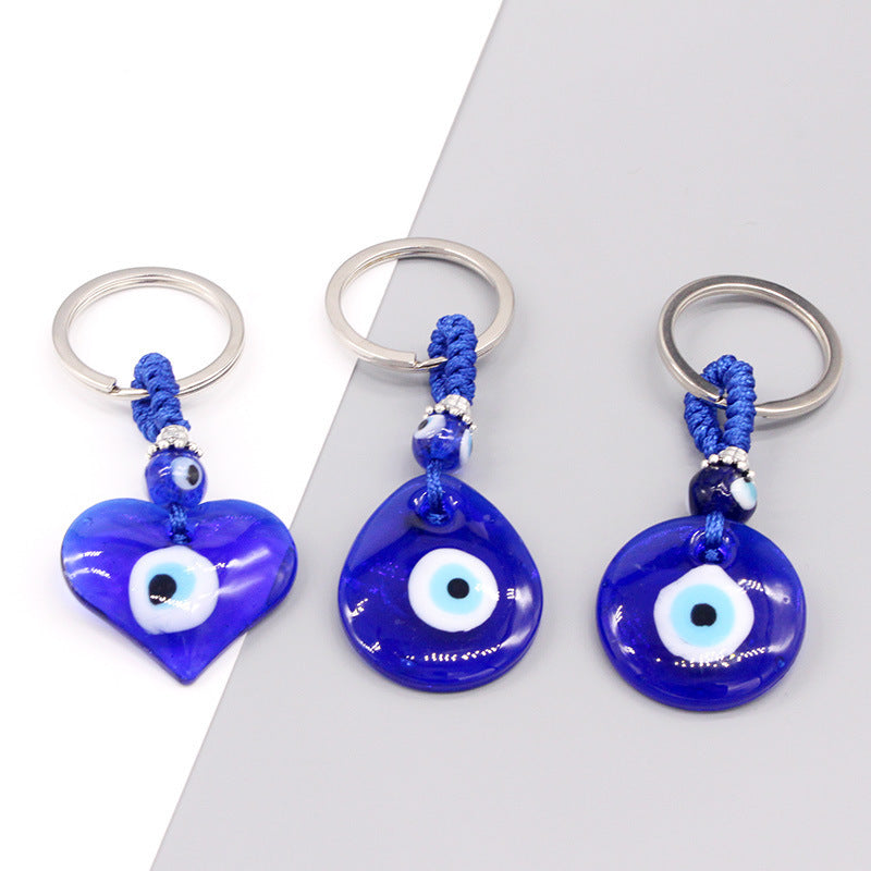 Women Simple Blue Glass Devil Eye Pendant Key Chain