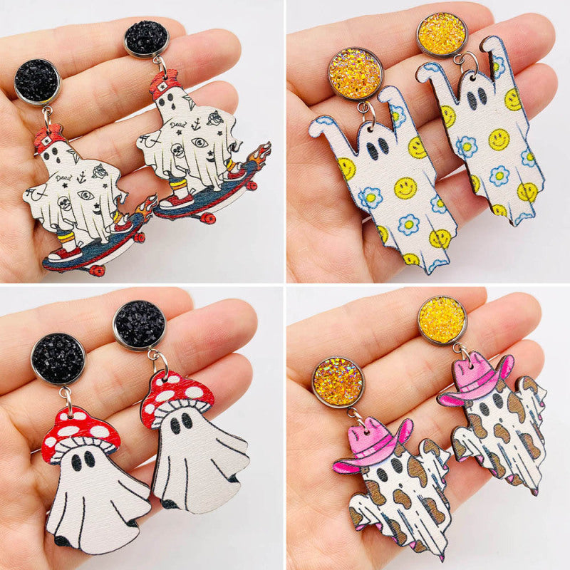 Halloween Women Fashion Retro Ghost Pulley Wooden Earrings