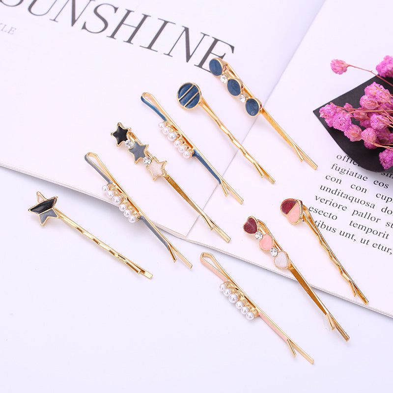 Women Fashion Round Multicolor Beads Rhinestone Hairpin Set