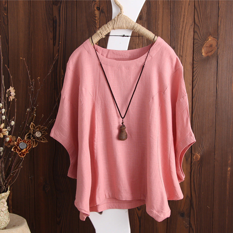 Top de lino y algodón de color liso de talla grande a la moda para mujer