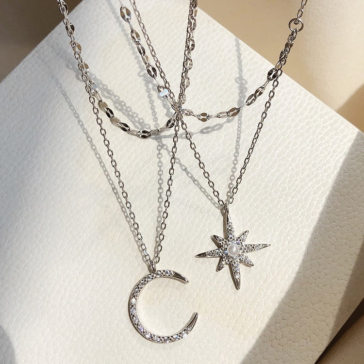 Collar de doble capa con estrella y luna de diamantes de imitación para mujer