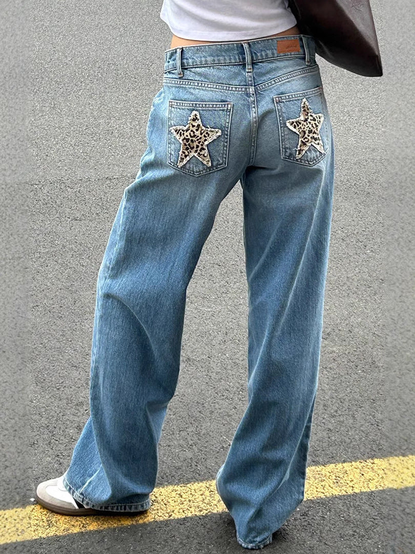 Vaqueros retro con estampado de leopardo y estrellas para mujer