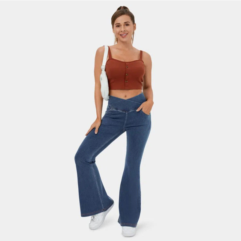 Women Fashion Casual Solid Color High Waist Jeans