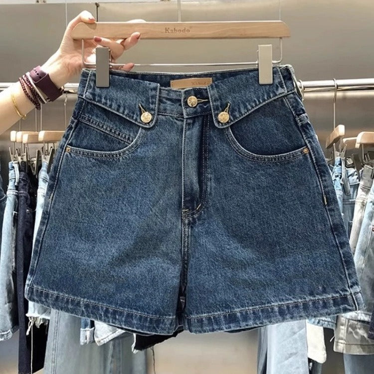 Pantalones cortos vaqueros de pierna ancha y cintura alta informales a la moda para mujer
