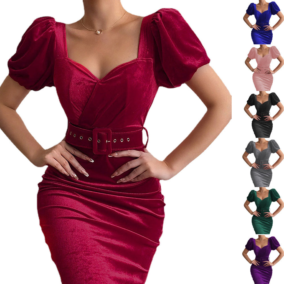 Robe mi-longue élégante en velours de couleur unie pour femme