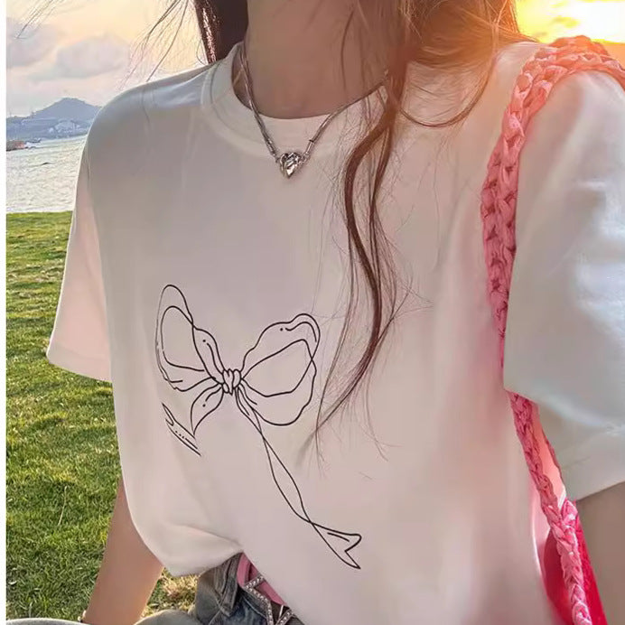 Women’s Casual Bowknot Printed Short-Sleeve T-Shirt
