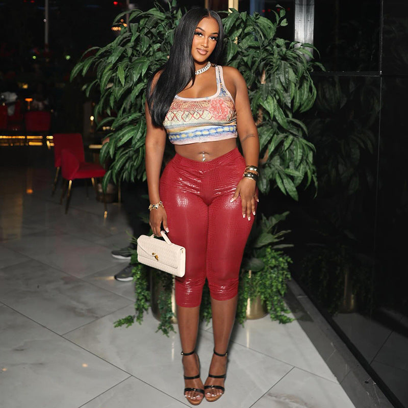 Women Fashion Sexy Solid Color Snake Pattern High Waist Pants