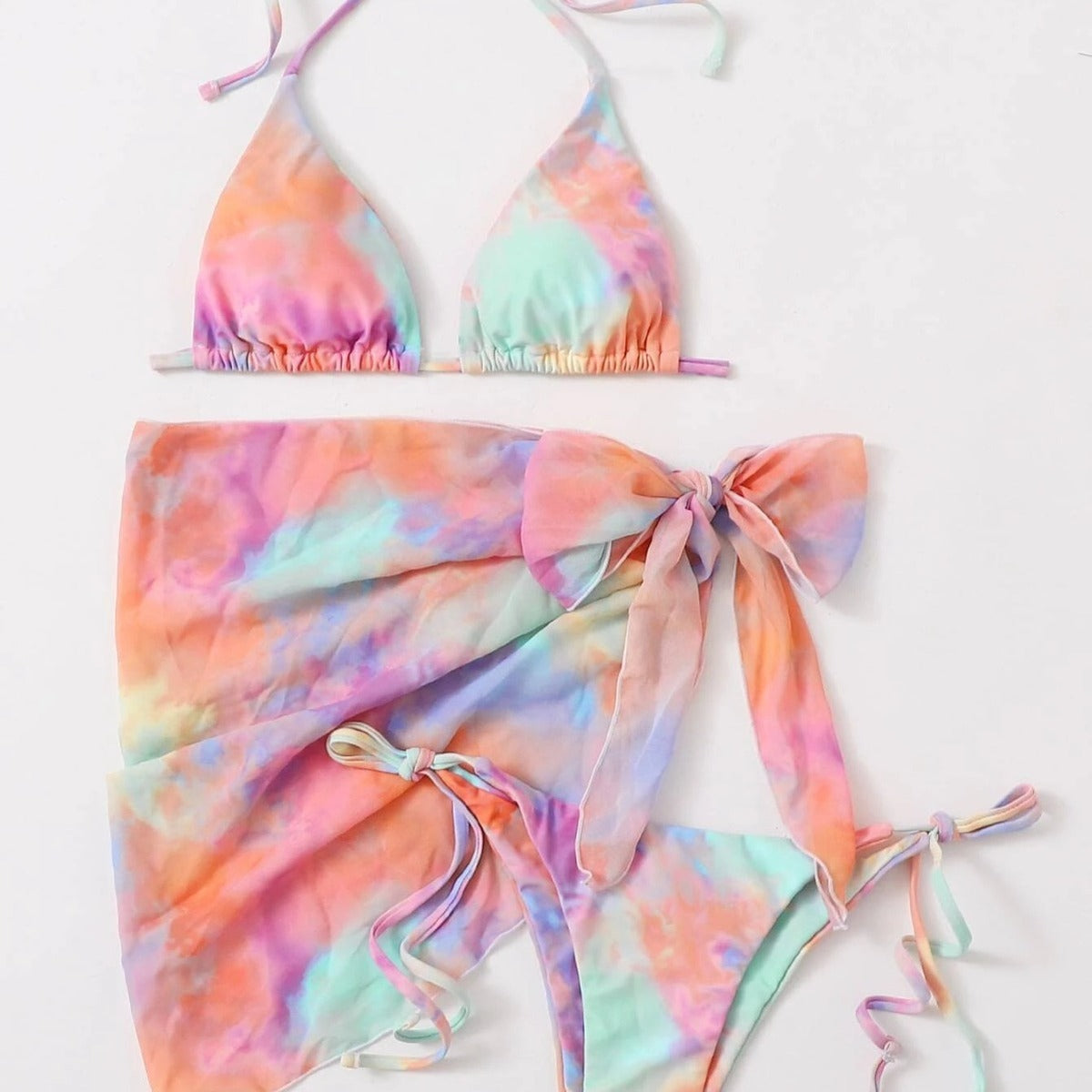 Conjunto de bikini de gasa con efecto tie-dye sexy para mujer