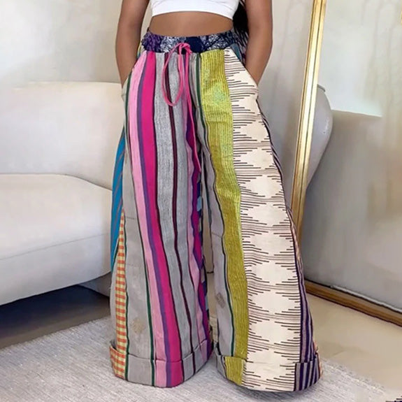 Pantalones anchos de color block para mujer, informales, de moda, de poliéster, corte holgado