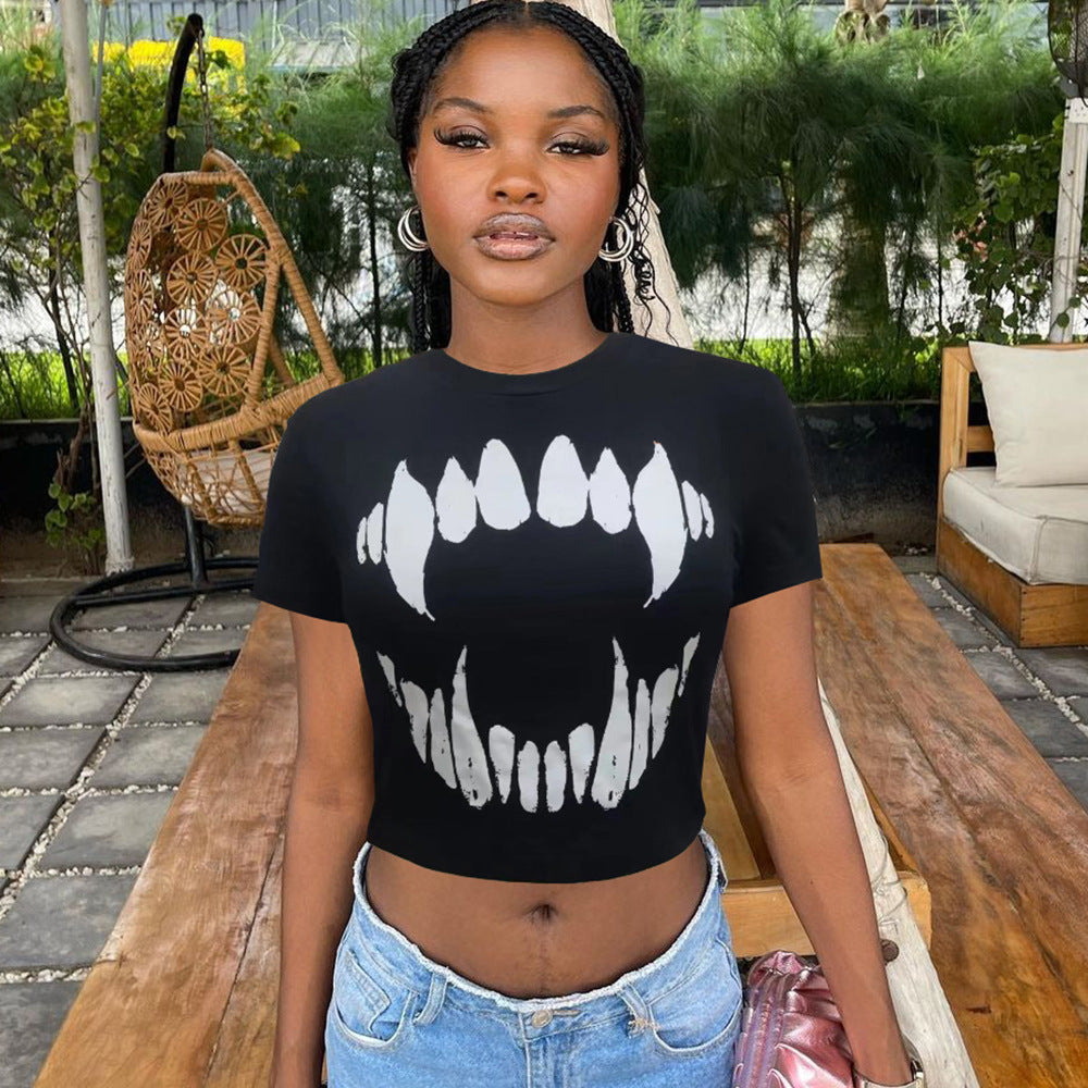Camiseta corta de manga corta con cuello redondo y estampado de moda de verano para mujer